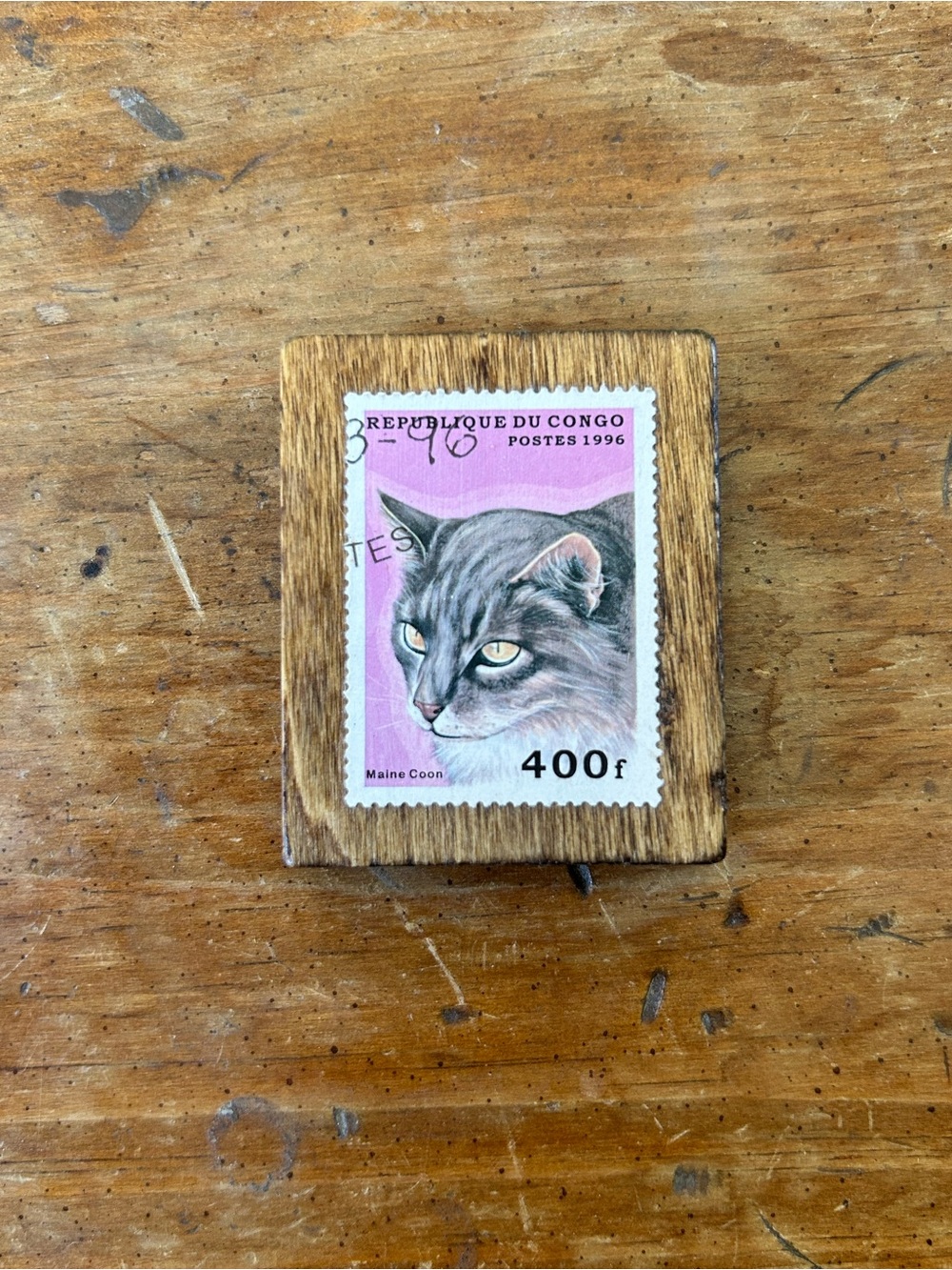 Handmade Vintage Postage Stamp Magnet On Wood • Maine Coon Cat